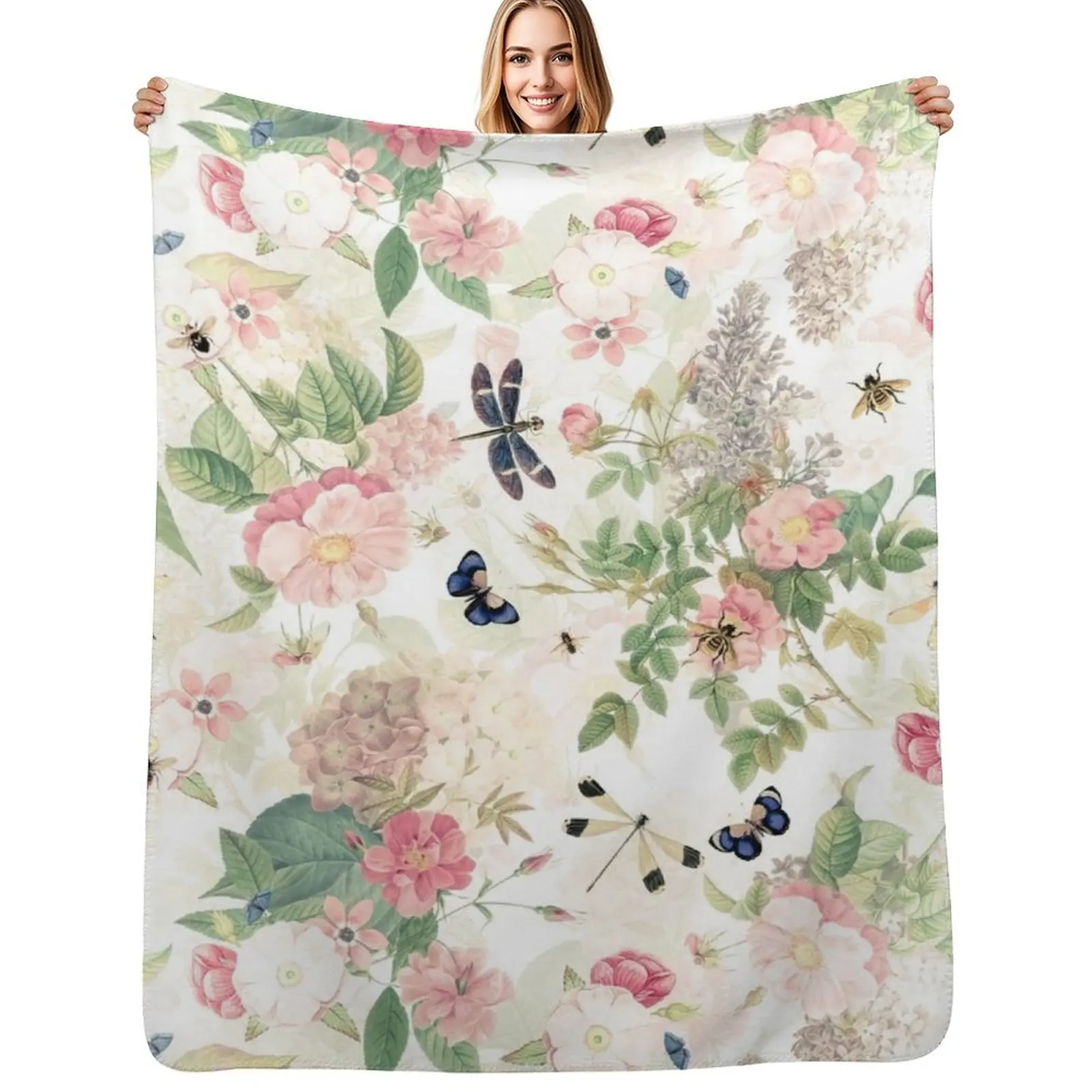 UtART - Vintage Roses Spring Flower And Early Insects Pattern - Sepia Blush Cream white Throw Blanket Flannels sofa bed Blankets