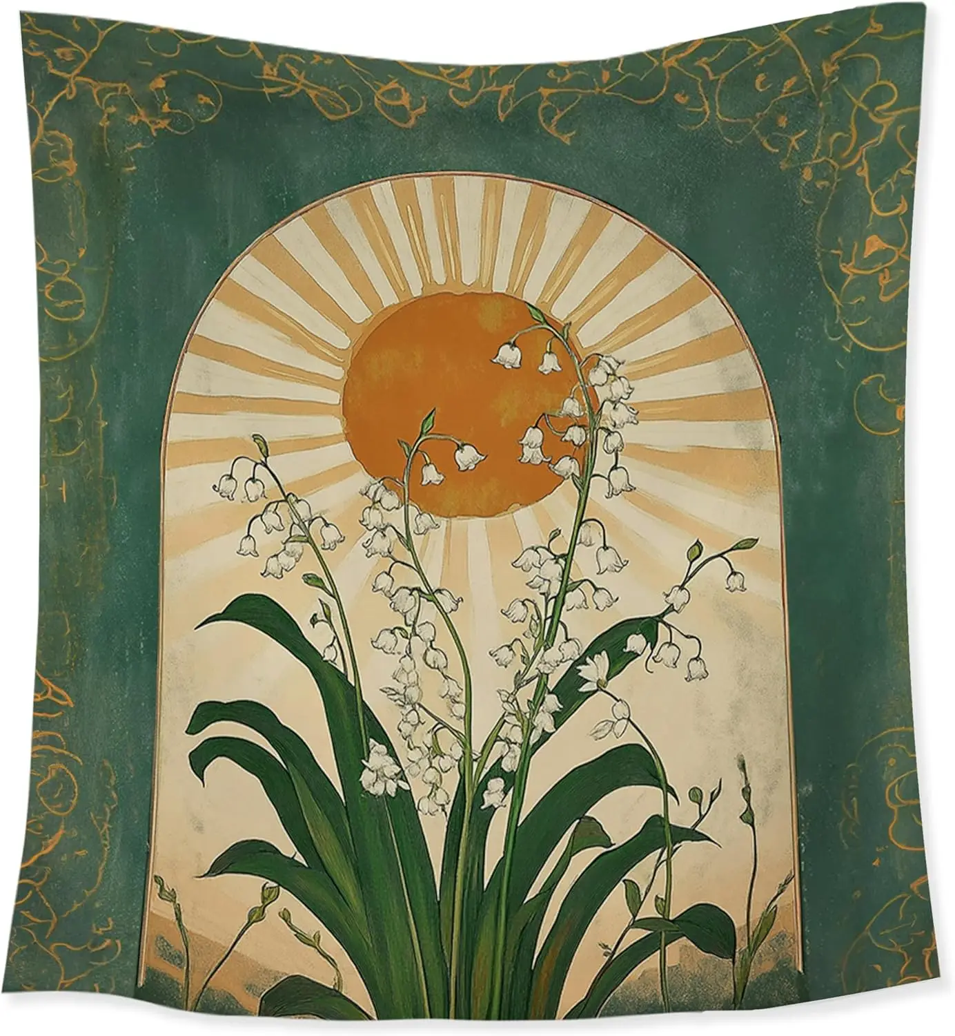 Emerald Green Lily of the Valley Boho Sun Tapestry,Mystical Folk Botanical Wall Tapestries, Vintage Boho Sunshine Flower Hanging