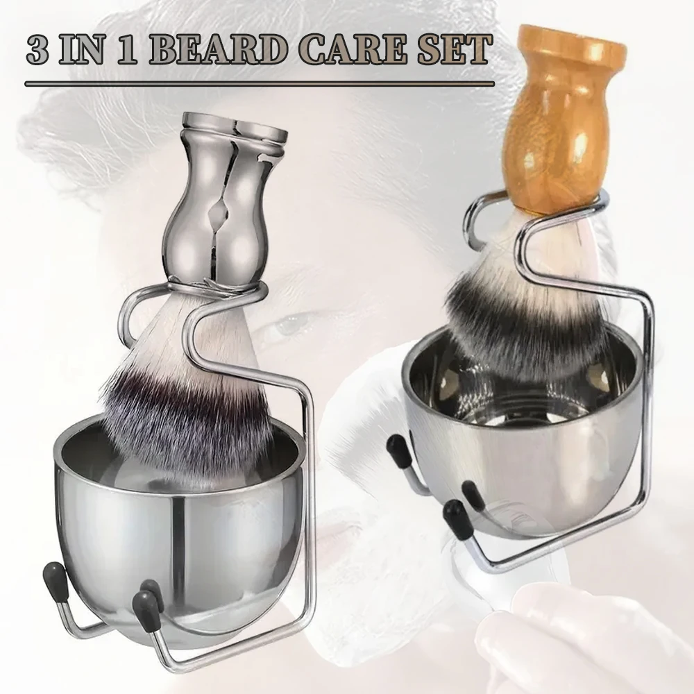 Juego de cuencos para brochas de afeitar profesional 3 en 1, cepillo para Barba y pelo de tejón, cuenco para jabón de afeitar de acero inoxidable y soporte para brochas para hombres