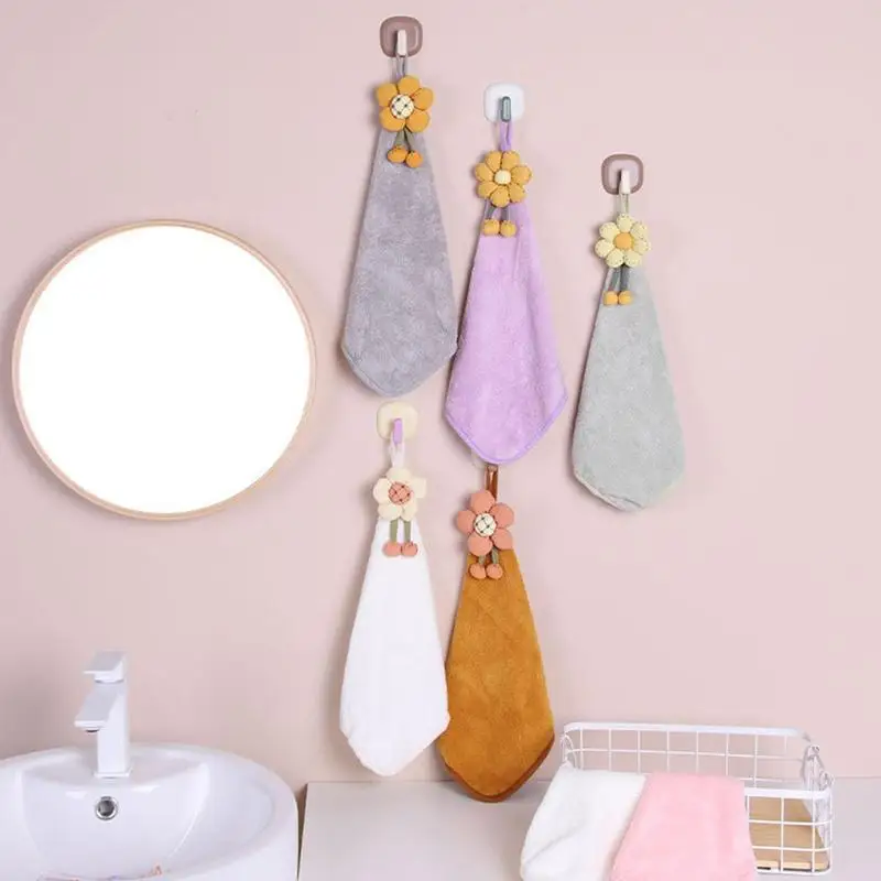 Drying Hand Towels With Hangable Loop Flower Design Soft Hand Towels Highly Absorbent Dish Cloth Plush Towel For Kitchen