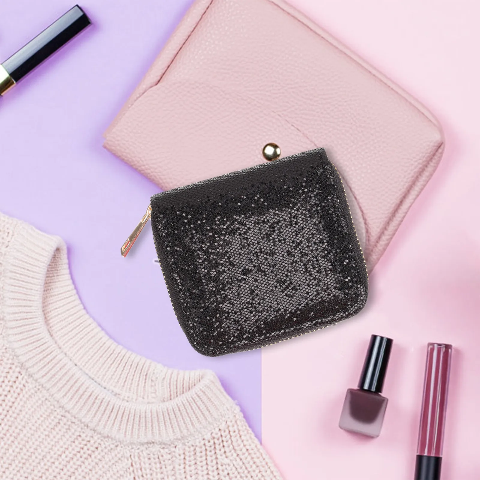 

Black Glitter Coin Purse Zippered Lightweight Slim Minimalist Wallet Small Purse Change Holder for Women Coin Wallet