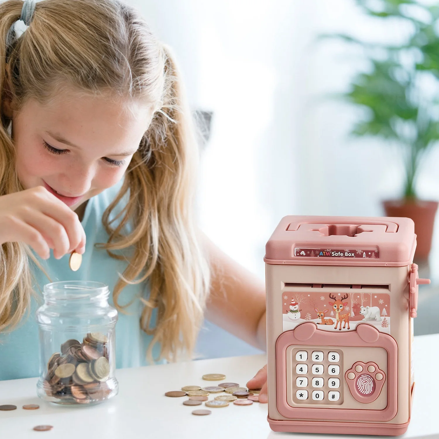 Mealheiro brinquedo com senha impressão digital voz prompt alça dobrável adequado para crianças mais de 3 anos de idade cofrinho para crianças