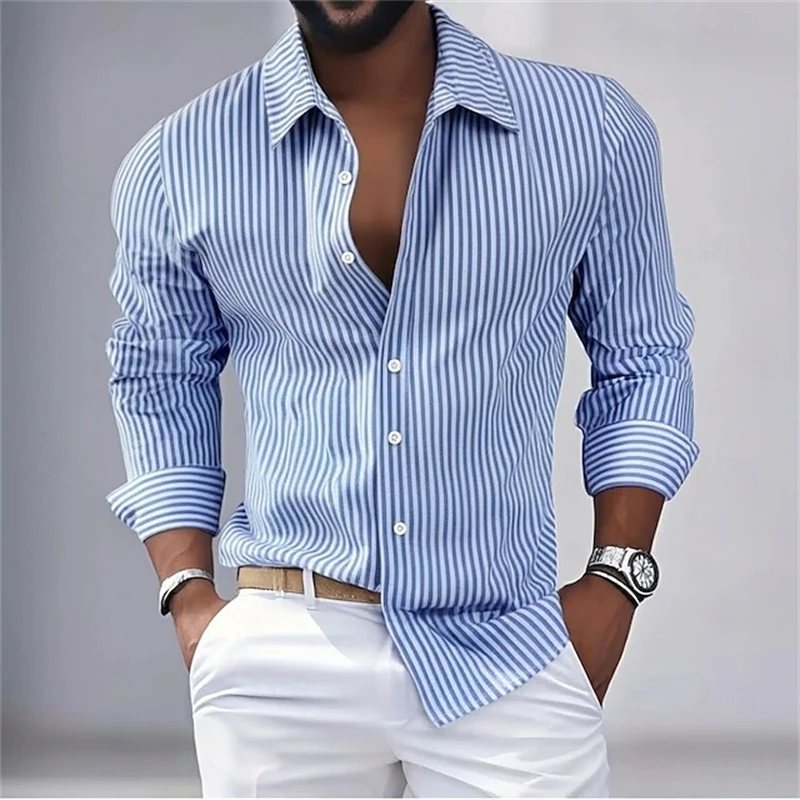 Men's Autumn Casual Long-Sleeve Shirt Blue Striped Print Button-Down Minimalist Collared Shirt Stylish Work-to-Commute Top
