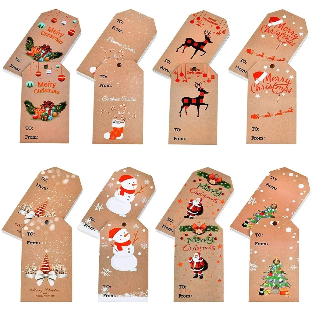 100pcs Merry Christmas DIY Kraft Tags Labels Gift Wrapping Paper Hanging Tag Santa Claus Paper Cards Xmas Party Decor Supplies