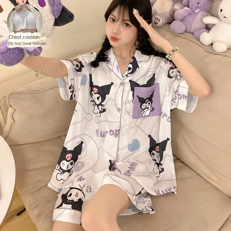 

Новая шелковая пижама Sanrio Clow M, Женская милая Повседневная и удобная крутая дышащая домашняя женская пижама с накладкой на груди