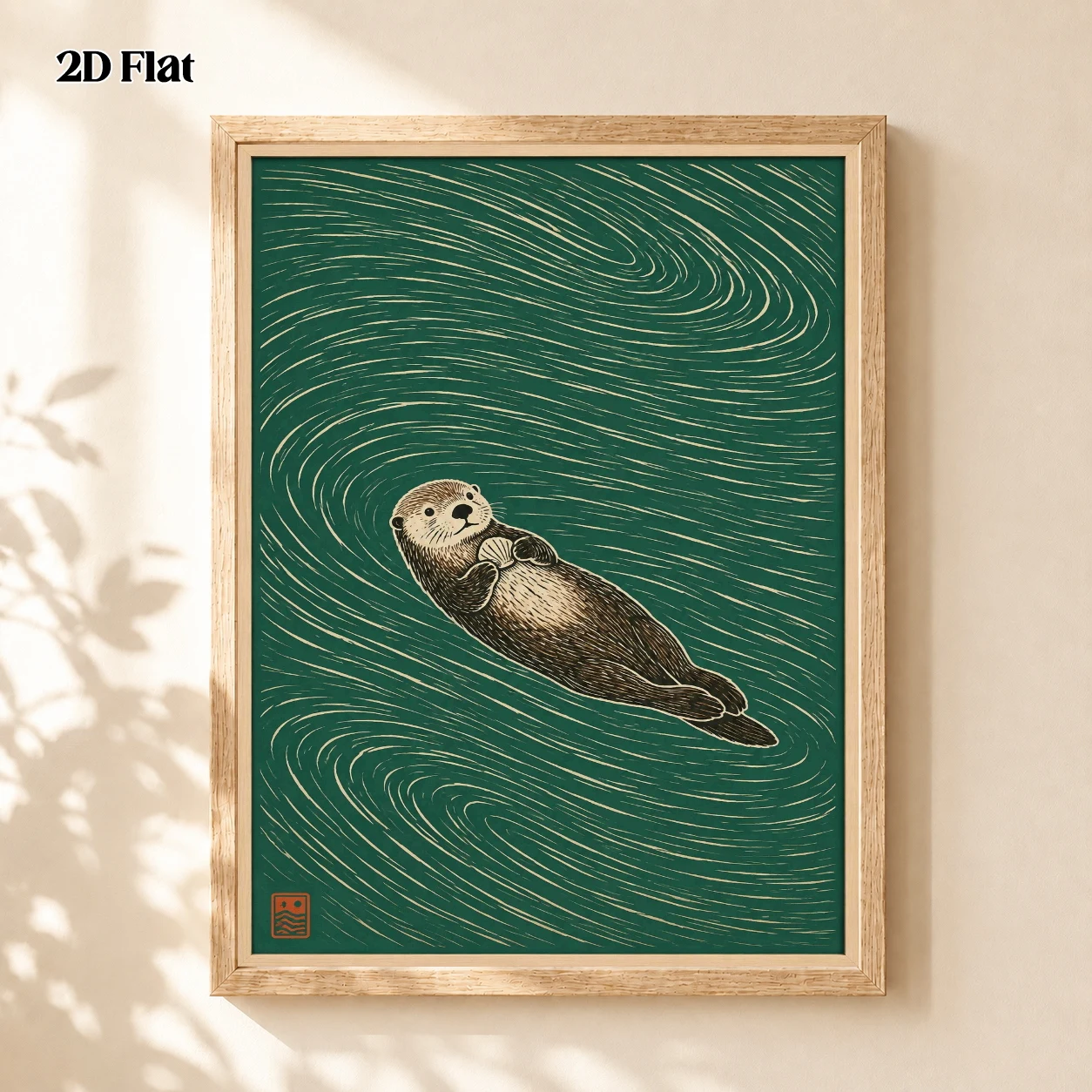 2D Flat, 2D Flat Posters And Prints, Sea Otter Wall Art Poster, Whimsical Animal Ocean Canvas Print, Aquatic Waves Illustrati