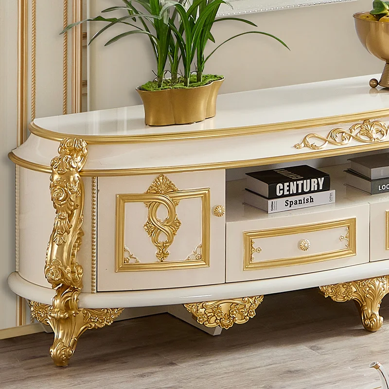 European Classic Style Royal Luxury TV Cabinet Villa Furniture Home Storage White and Gold Large Wood Living Room TV Cabinet