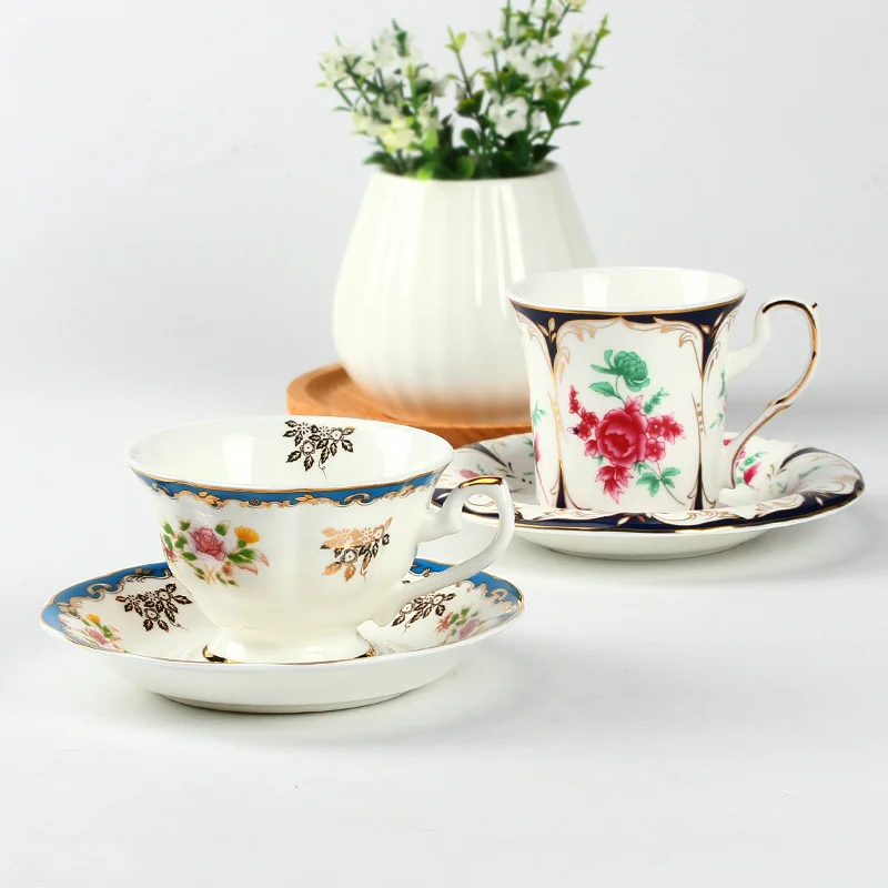 Chic English Style Bone China Tea Coffee Cup Saucer Sets Ceramic Creativas Tazas Chip Desayuno Tasse Nespresso Cups Copo Fincan