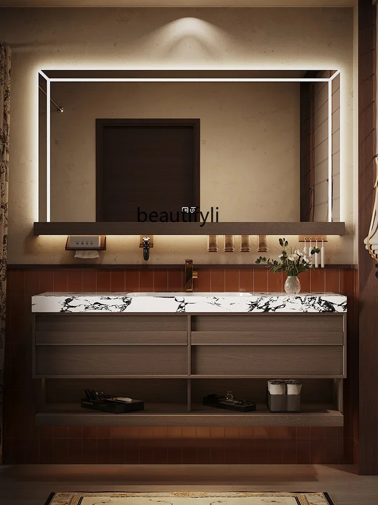 

ls 42Medieval style rock slab hot bending seamless integrated basin bathroom cabinet combination light luxury, hand washing wash