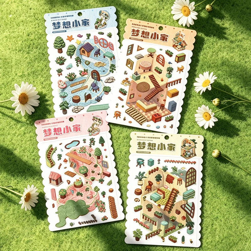 Card Lover 2 Pcs [Dream Home Series] Landscape Stickers Little Flowers Treehouse Mini Kitchen Faux Knitted Journal Stationery