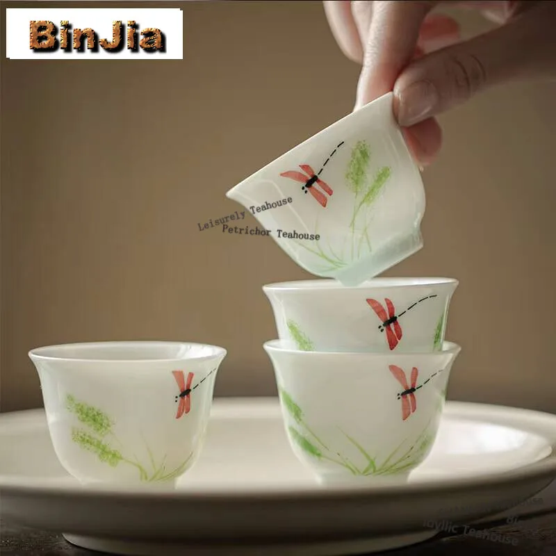 

50ml Hand-painted Dragonfly Tea Cup Handmade White Porcelain Single Master CUP Underglaze Color Tea Mug Kung Fu Teaset Craft