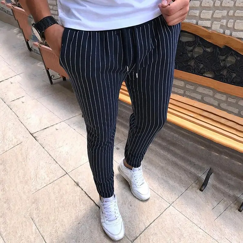 5XL Striped Pencil Pants Men Casual Drawstring Trousers Straight Leg Length Eighteen Spring 2025 Youthful Vitality Style Travel