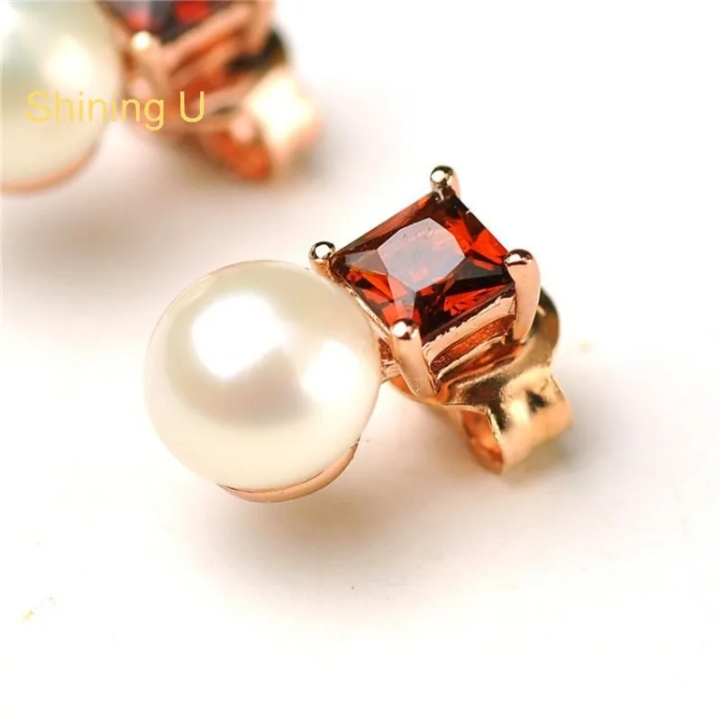 Shining U S925 Sivler Pearl Garnet Stud Earrings Gold Plated for Women Fine Jewelry Gift