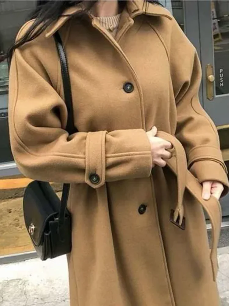 Women Elegant Woolen Thicken Jackets Winter Warm Lapel Neck Single Breasted Abrigos With Belt Korean Cotton Padded Lined Coats