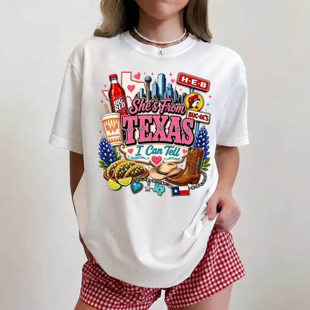 Vintage She's From Texas I Can Tell Big Red Shirt Retro Western Shir Shirt Game Day Shirt Full Colors Casual Short Sleeve Crew Neck Top texas apparel western style game day  fan gear full color print retro graphic tee Everyday Printed Womenswear