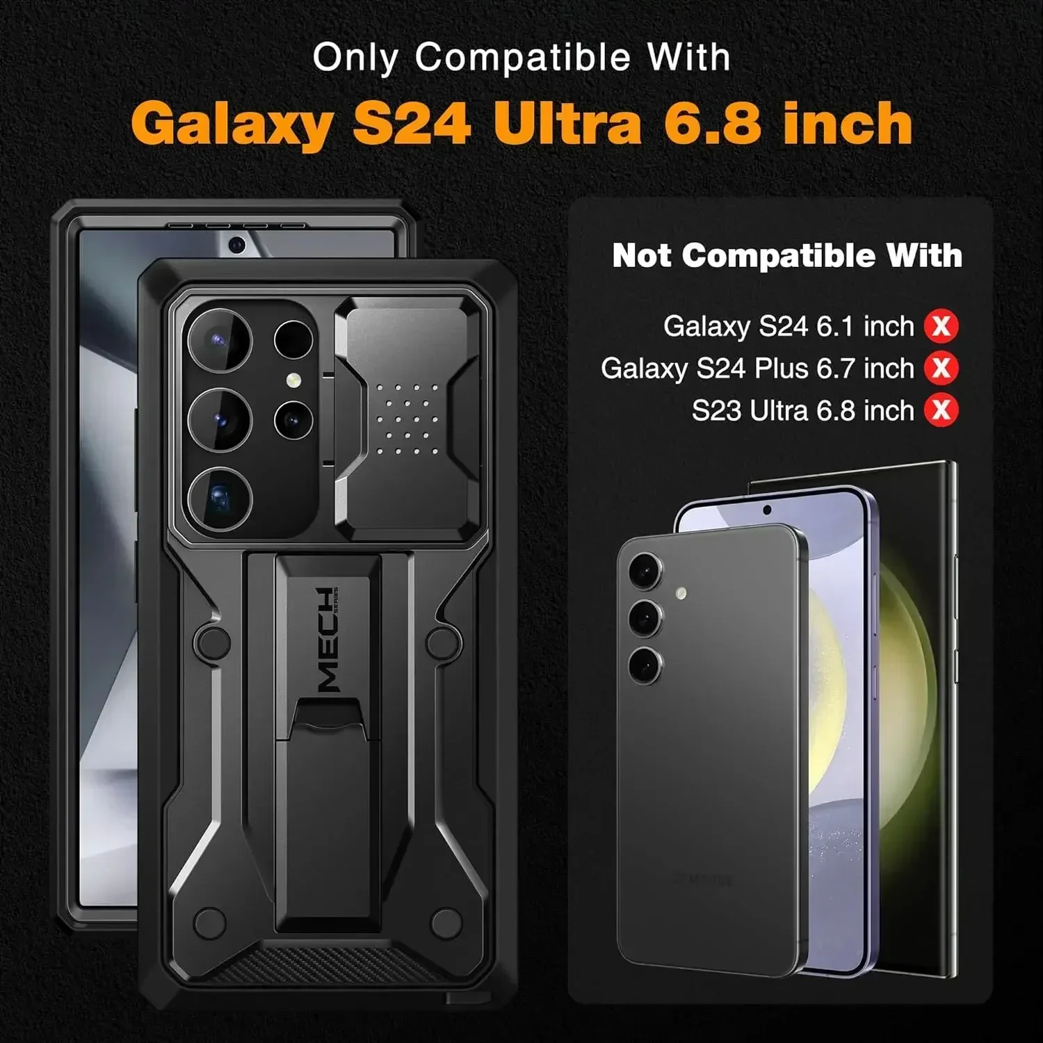 Phone Case with Kickstand Screen Protector, Slide Camera Cover, Military Grade, Shockproof, Belt-Clip, Samsung Galaxy S24 Ultra