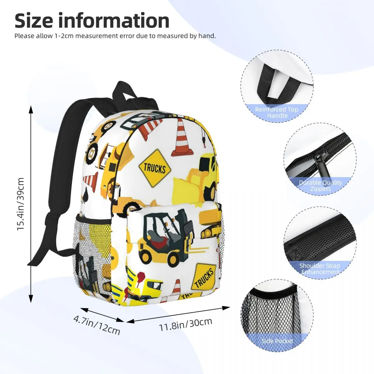 Construction Trucks - Excavator, Backhoe And More Backpacks Boys Girls Bookbag Students School Bags Laptop Rucksack Shoulder Bag