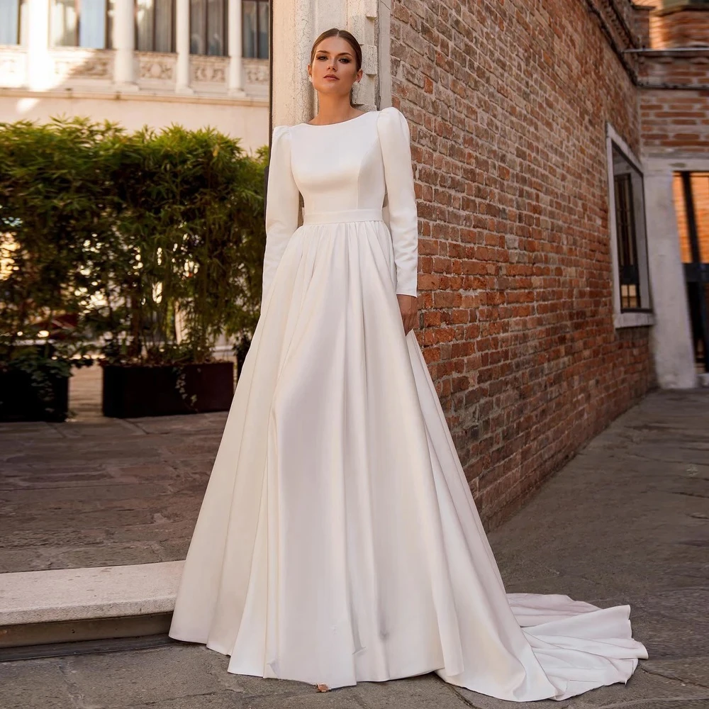 Customize vestidos de novia  Simple Satin Wedding Dresses for Woman Bridal Sweep Train O-neckline Long Sleeves Pleat Belt 2024