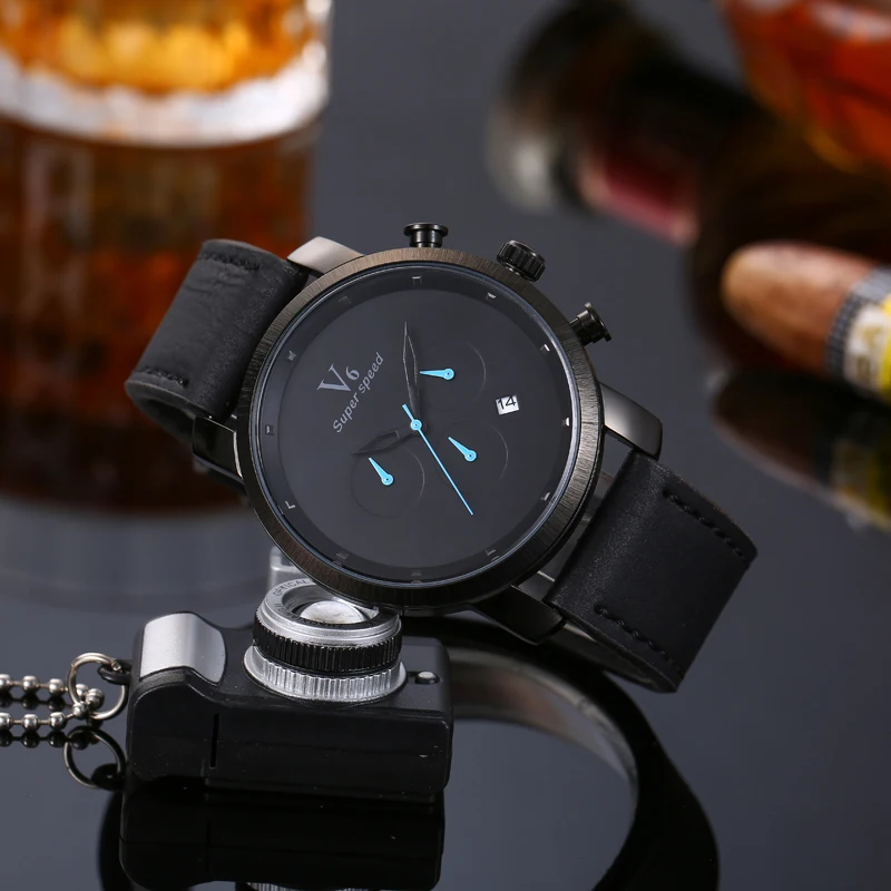 Relógio de quartzo personalizado masculino, display analógico, marrom, preto, pulseira de couro, relógio de pulso masculino, data, moda casual, V6, L176