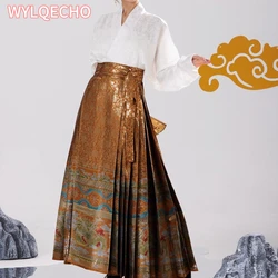 Luxurious Yellow Golden weaving Long Skirts for Women Chinese Style Modified Hanfu Horse Face Skirt Elegant Pleated Skirt