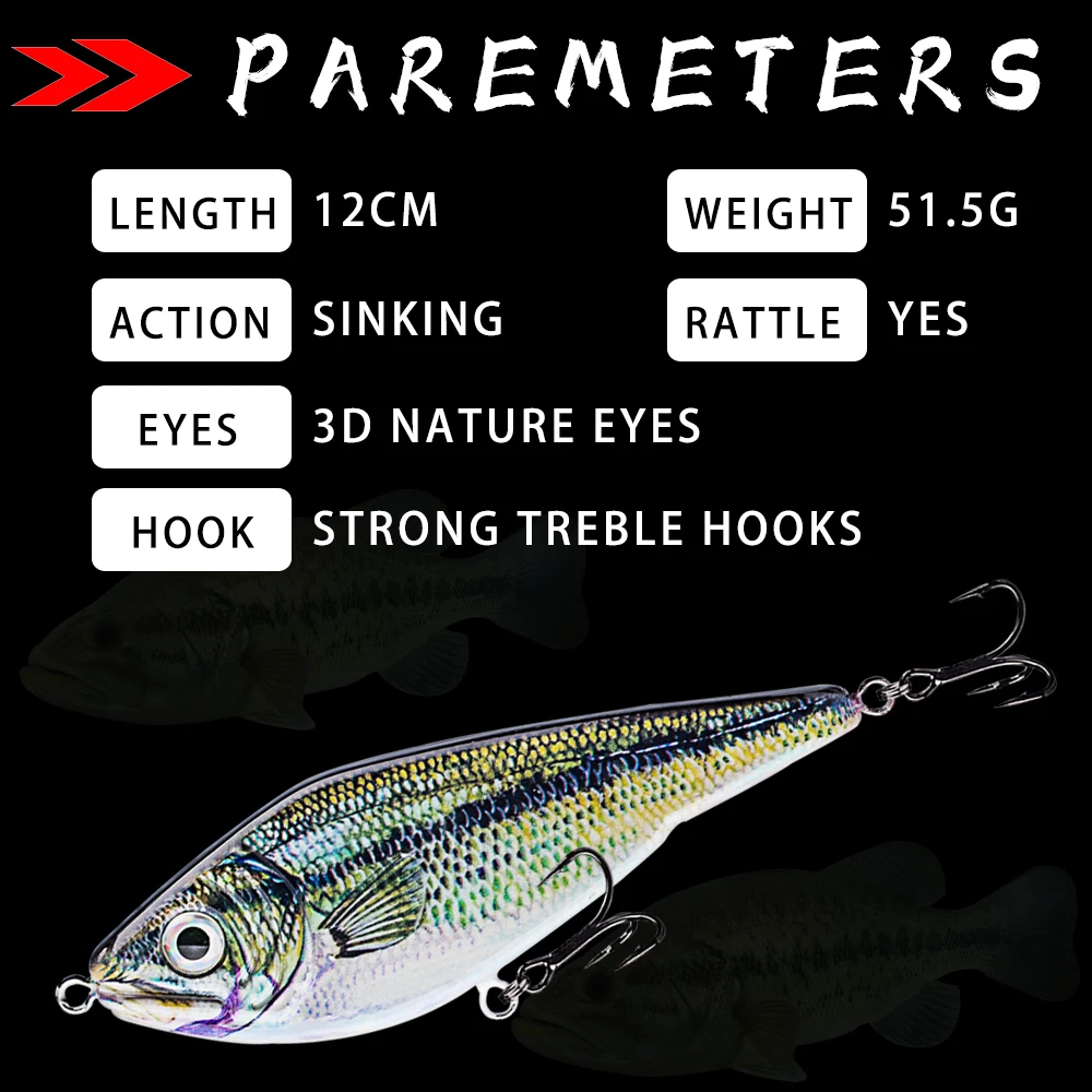 Dr.Holife 1PCS Jerkbait 12CM 51.5G Artificial Bait Fishing Lure Lipless Crankbait Saltwater Sinking Rattles Slider Bass Lures