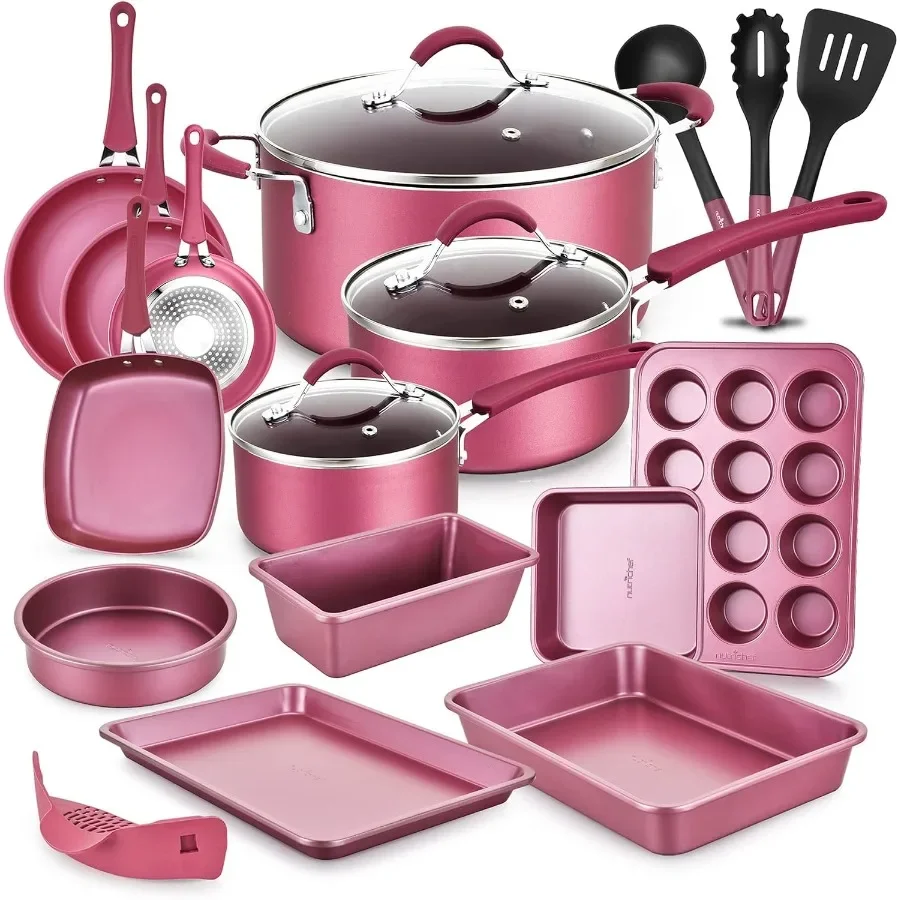 20-Piece Metallic Ceramic Nonstick Cookware & Bakeware Set, Maroon Pink Pots and Pans with Lids & Cooking Utensils, Complete Kitchen Set Compatible with All Stovetops