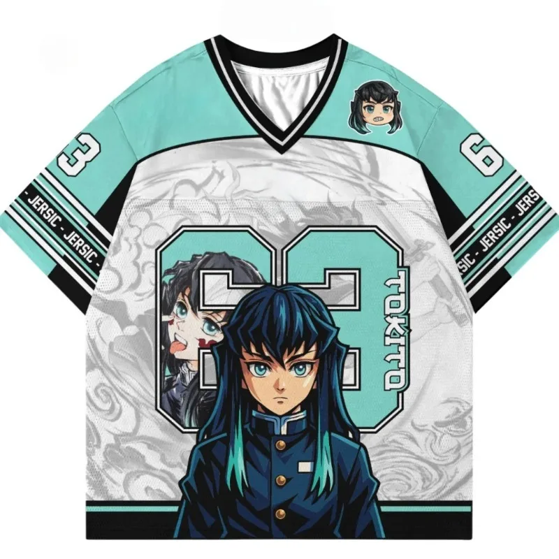 2026 Summer Hot Anime One Piece Ghost Slayer Blade White Blue V-neck T-shirt Adult Children Large Casual Quick Drying Sweatshirt