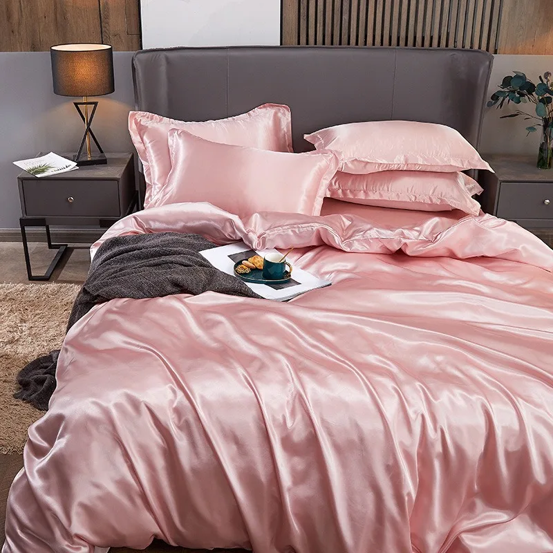 Simulation Silk Solid Color Bedding European American Style Single Bed Sheet Duvet Cover Pillowcase Four-piece Set YY-55