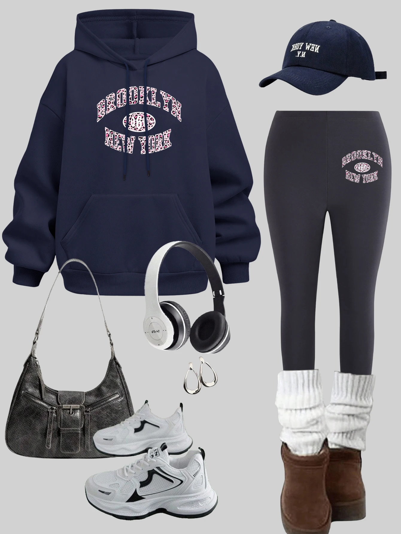 Brooklyn New York Art Letter Printed Woman Pullover Fleece Pocket Female Hoodies Set Autumn Warm leggings Casual elasticity pant