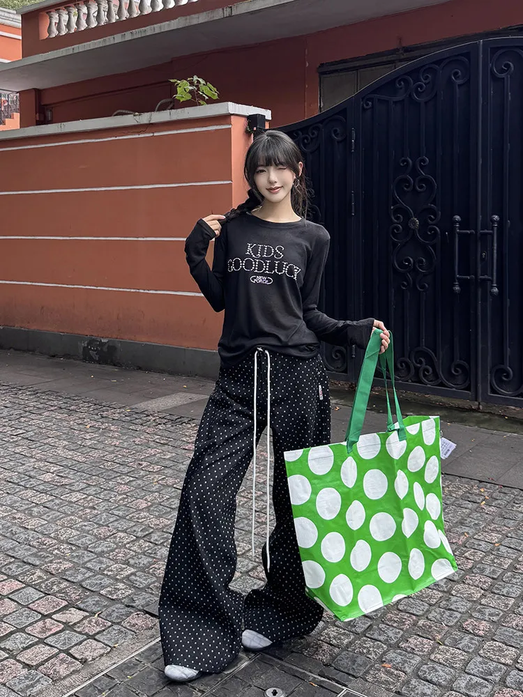 American Vintage Polka Dot Drawstring Jeans Loose Straight Wide Leg Pants Draped Floor Length Casual Baggy Denim Long Trousers