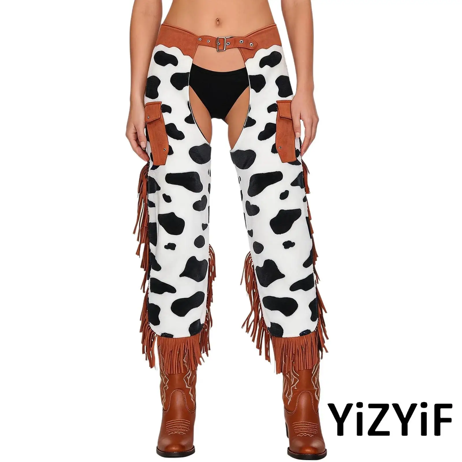 Womens Vintage Cowboy Chaps Pants Cow Spot Flannel Side Tassel Patchwork Adjustable Waist Trousers for Party Vintage Bottoms