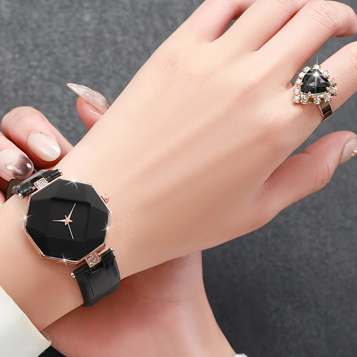 여성용 캐주얼 다각형 포인터 쿼츠 시계, 아날로그 PU 가죽 손목 시계 및 쥬얼리 세트, 엄마에게 선물, 5 개/세트