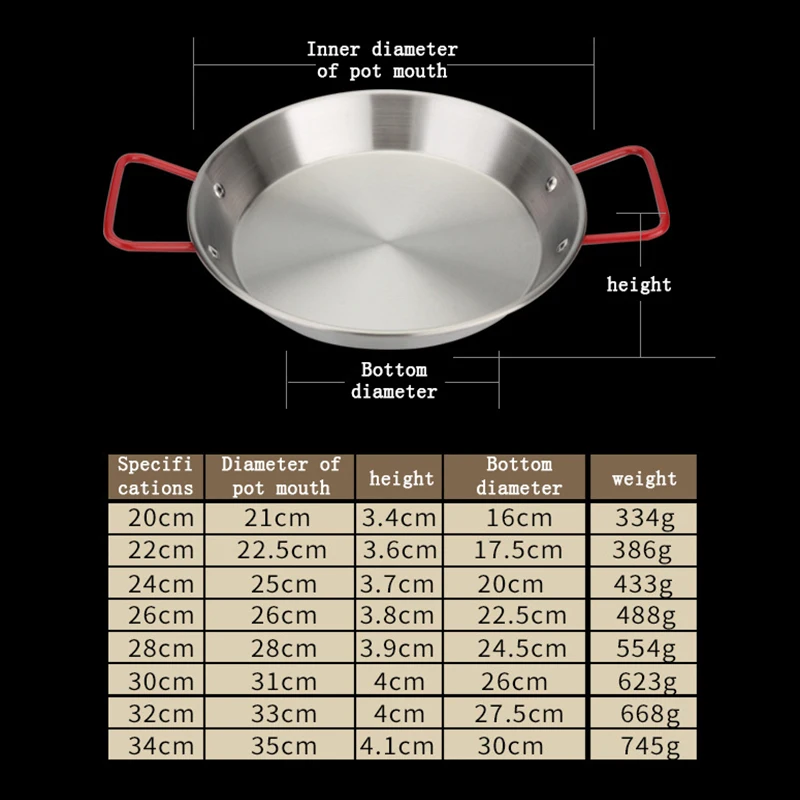 20-30cm Thickened Stainless Steel Non-stick Paella Pan Spanish Seafood Frying Pot Wok Cheese Cooker Food Fruit Plate Container