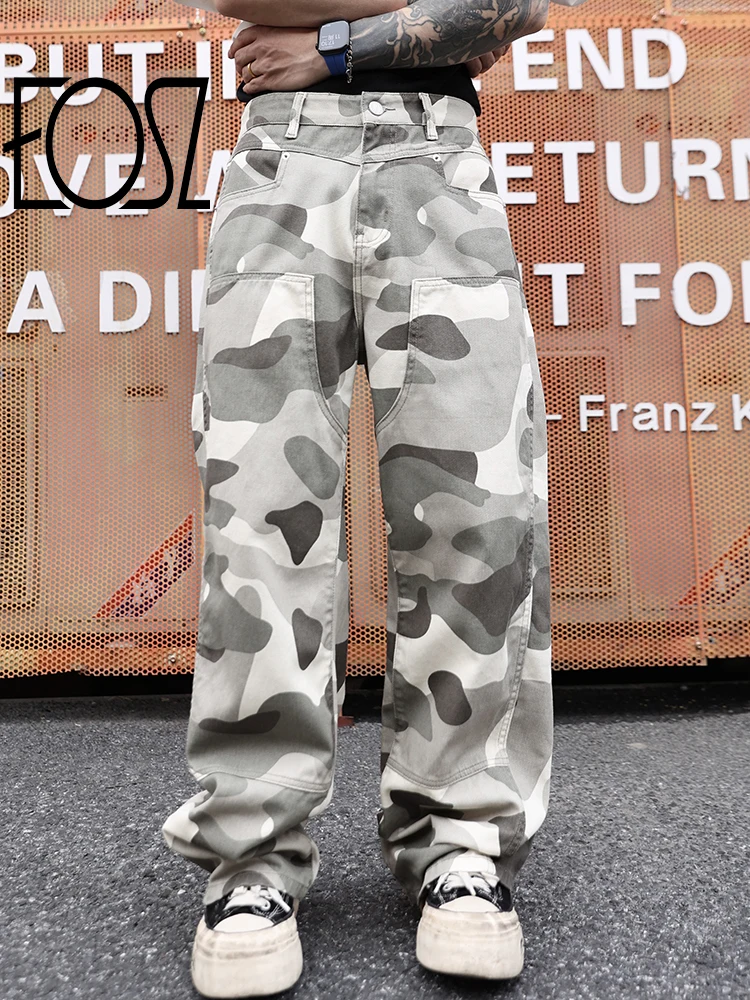

Винтажные потертые камуфляжные мужские повседневные брюки прямого кроя в стиле High Street, хип-хоп, уличная мода