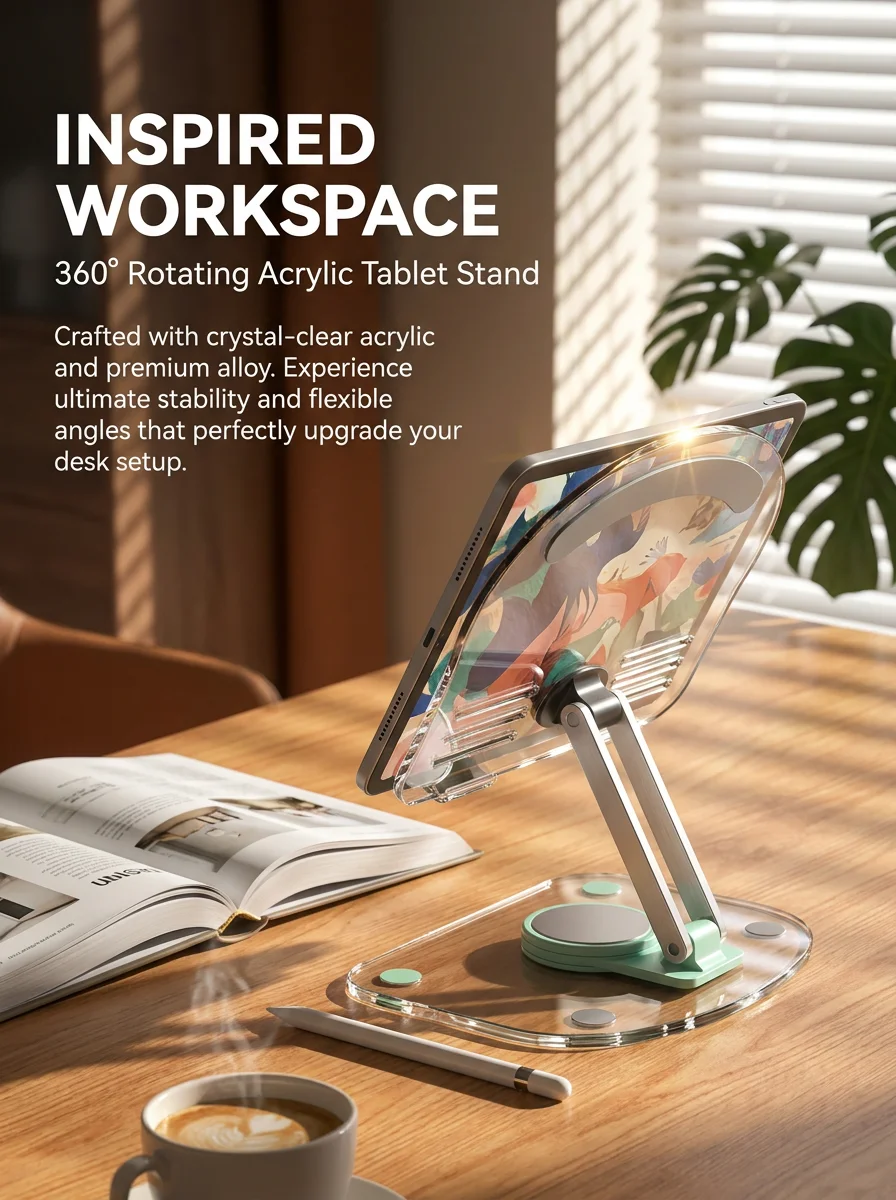 Transparent Acrylic Rotating Foldable Multifunctional Mobile Phone and Tablet Stand Lightweight Portable Tablet and Phone Stand