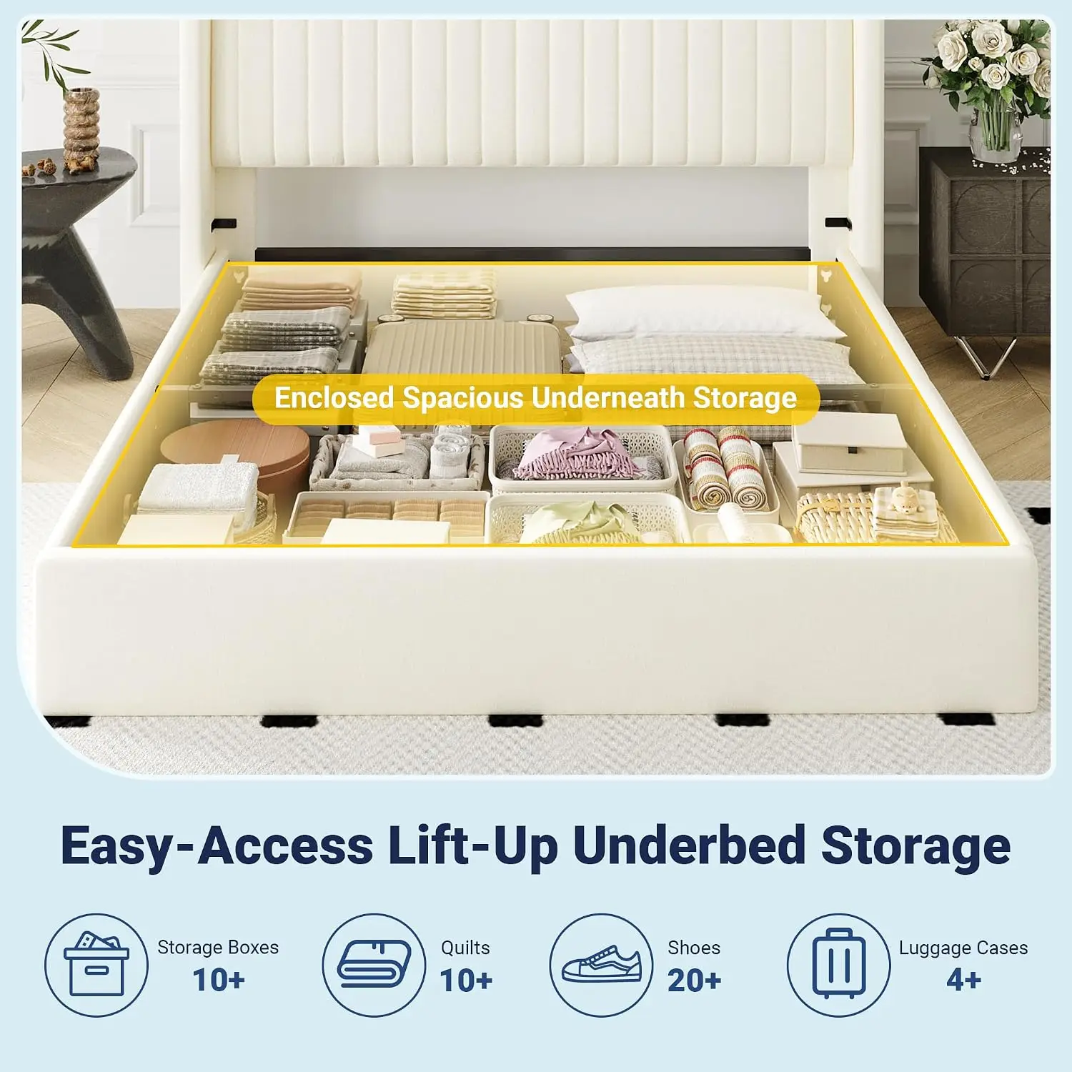 Queen Size Lift Up Storage Bed Frame Channel Tufted Headboard Cream | Hydraulic Support System,Upholstered Platform, Customized - view 4