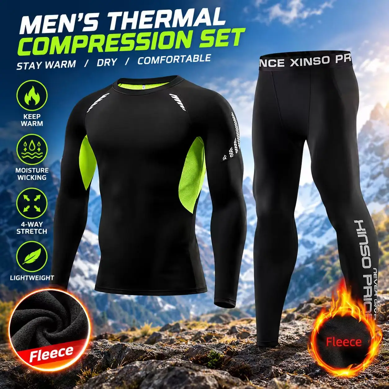 Men's Fall Winter Thermal Underwear Set Fleece Lined Compression Base Layer for Running Cycling Fitness Outdoor Sports