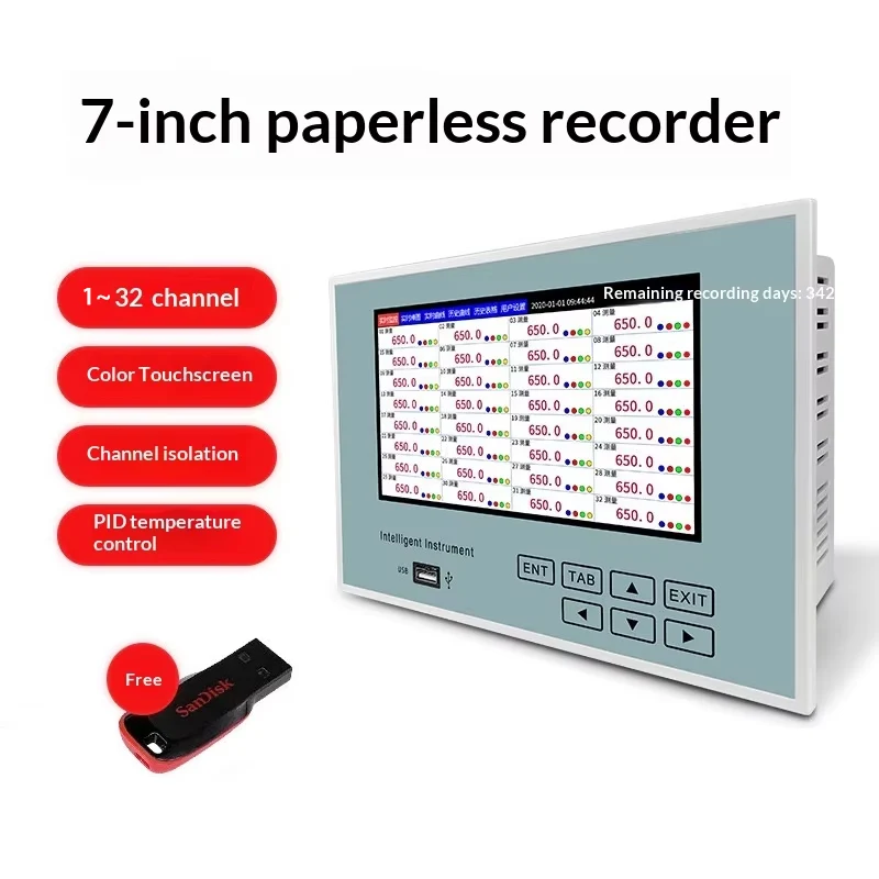 Recorder Paperless 7 Inch 1-32-Channel Digital Pressure  Temperature Data Logger and Chart Recorder for Test Instruments