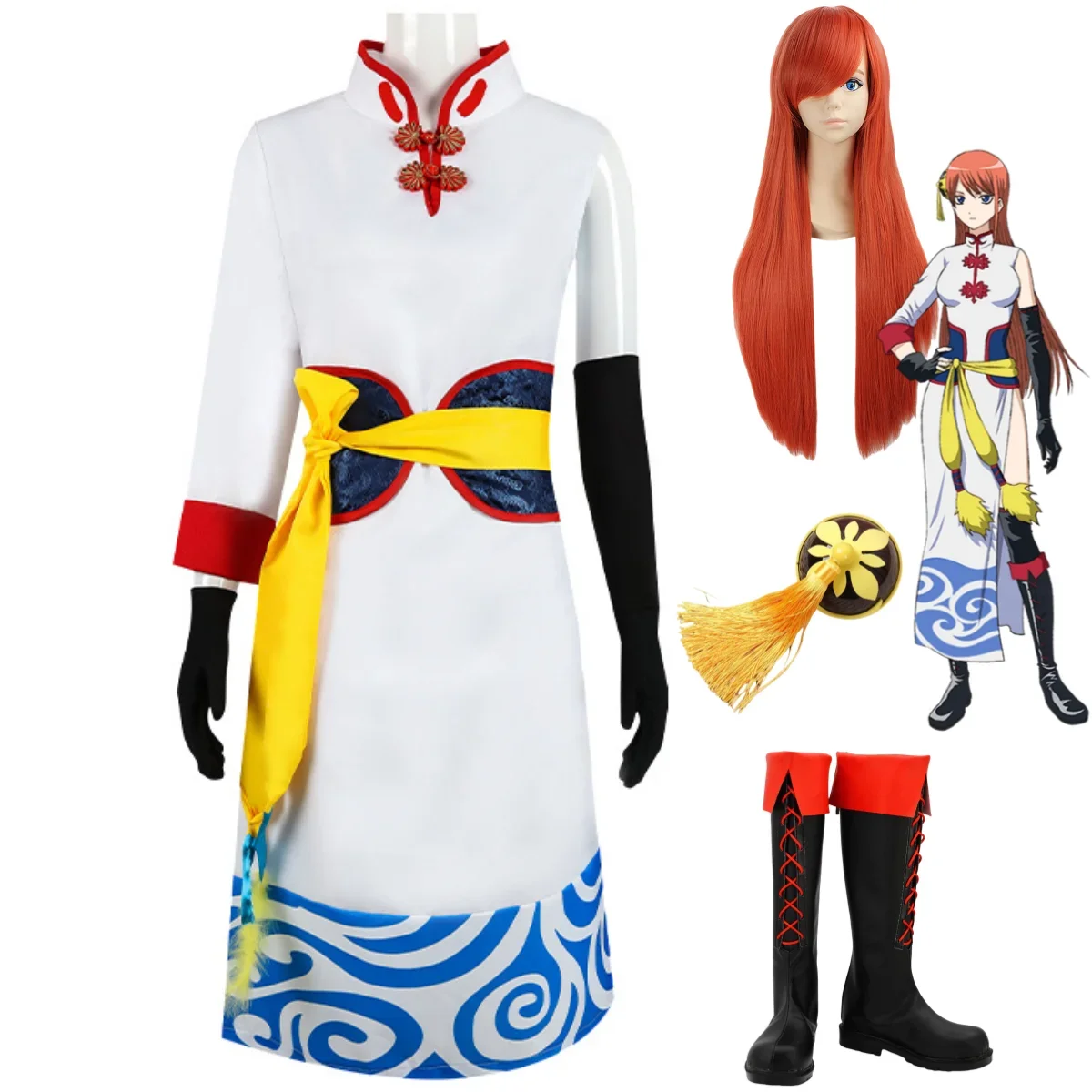 Anime Final Gintama The Movie: Be Forever Yorozuya Kagura Cosplay Costume Wig Cheongsam Headwear Shoes Woman Sexy Carnival Suit