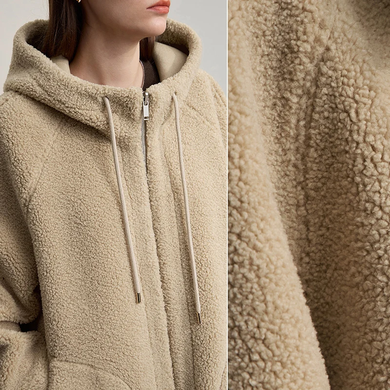 AMII معطف الفرو امرأة 2025 شتاء جديد متعدد الاستخدامات الدافئة طويلة الأكمام سترة الصلبة عادية فضفاض سستة مقنعين معاطف عكسها 12524097