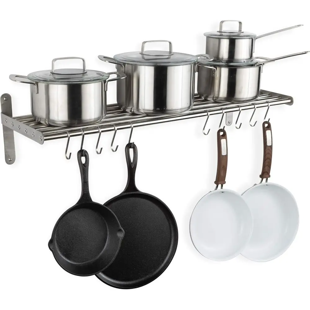 

Stainless Steel Wall Rack with 10 Hooks for Pots and Pans, Lyon Style Kitchen Storage, Chrome Finish