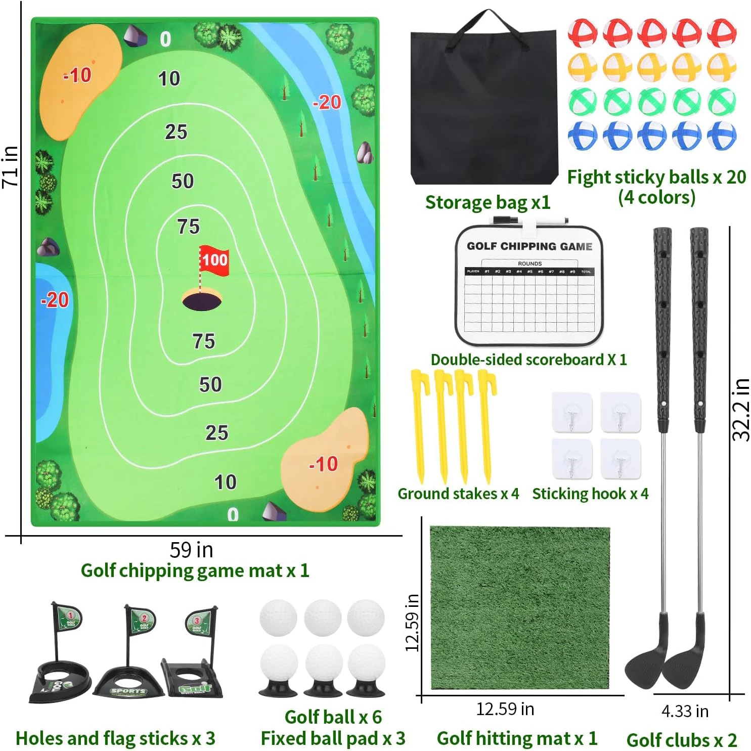 Chipping Golf Game Mat Set para Adultos e Crianças, Jogos Indoor e Outdoor, Backyard Golf Games, Prática, Equipamento de Treinamento, Vara