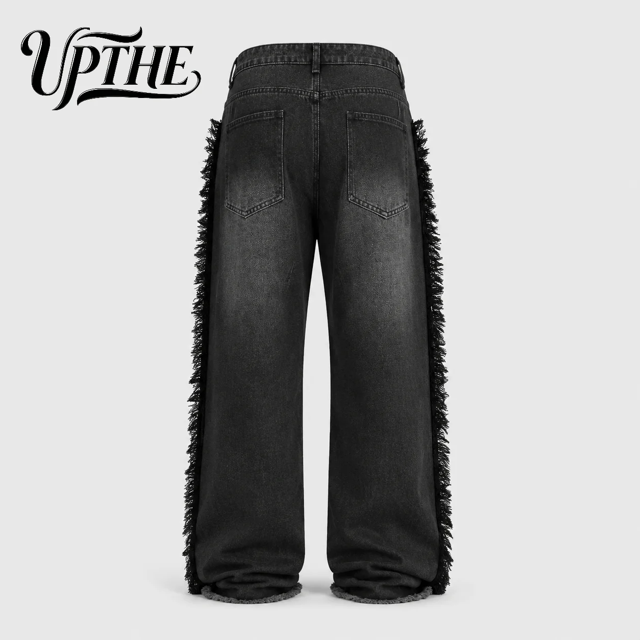 UP.THE Men Vintage Black Washed Baggy Wide Leg Jeans, Y2K Side Fringe Frayed Loose Denim Pants, Distressed Streetwear Trousers for Daily Outfits
