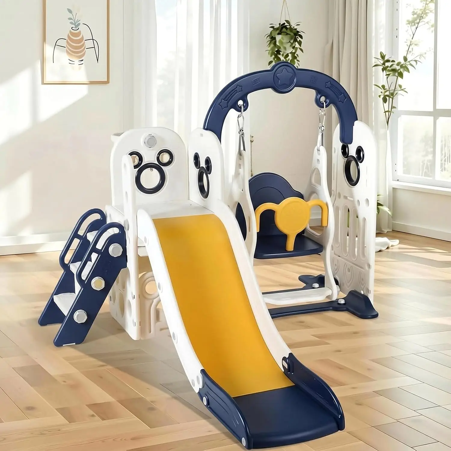 7 in 1 Toddler Slide and Swing Set, Large Kids Climber with Basketball&Hoop