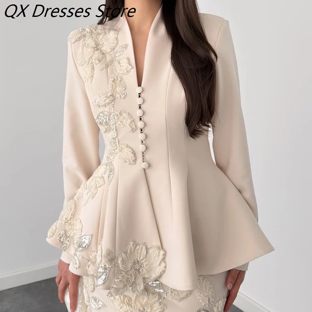 Women's Straight Evening Dresses Ankle-length V-neck Full Sleeve Prom Dresses Fashion Flowers Beading Button Customized Gowns
