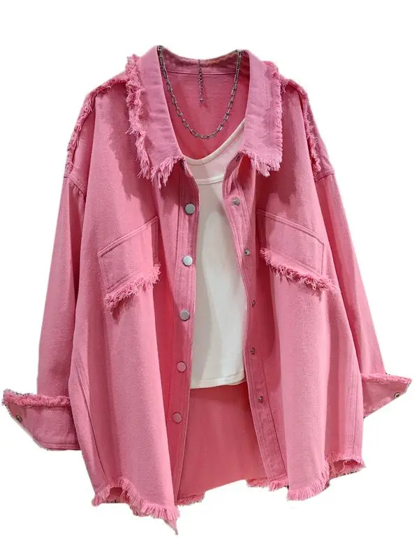 

Джинсовая куртка оверсайз с бахромой, однотонная, осенняя, винтажная, женская, желто-розовая, модная молодежная верхняя одежда в стиле Харадзюку 2026