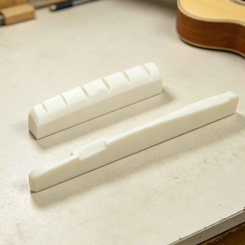 Ox Bone Guitar Nut & Saddle Set for Acoustic Guitars, Pre-Slotted Nut + Compensated Saddle, Beginner Upgrade Kit