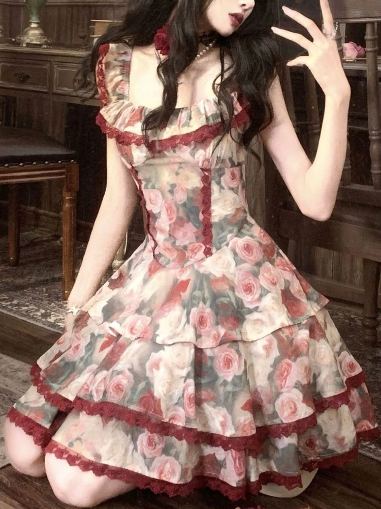

French Vintage Sweet Floral Long Dresses 2026 Spring Summer New Lace Countryside Princess Mini Dress Fairy Causal Party Outfits