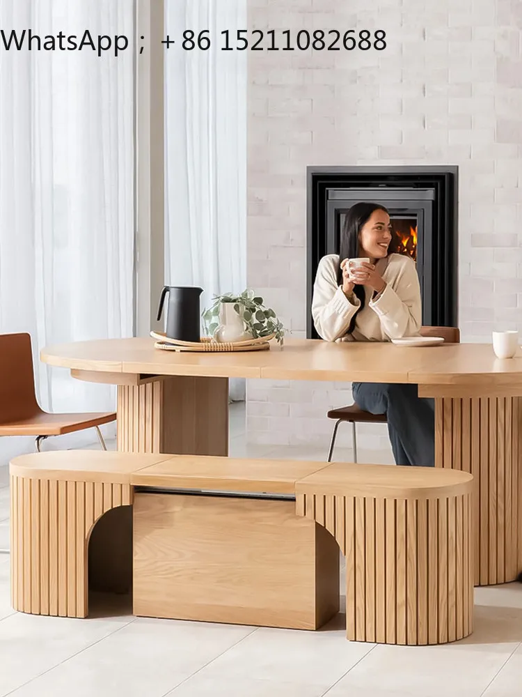 SCY solid wood retractable dining table and chairs with storage deformation dining table simple living room dining table
