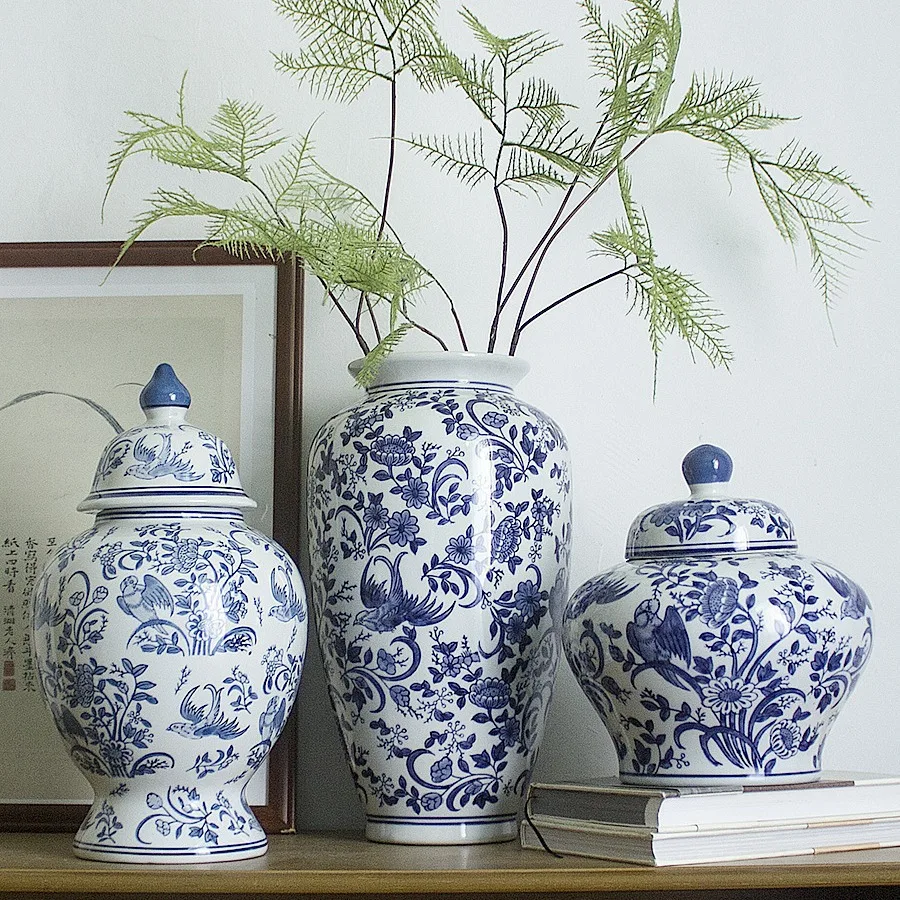 

Chinese vase ceramic ornament living room vase blue and white porcelain for Buddha general jar Jingdezhen porcelain vase